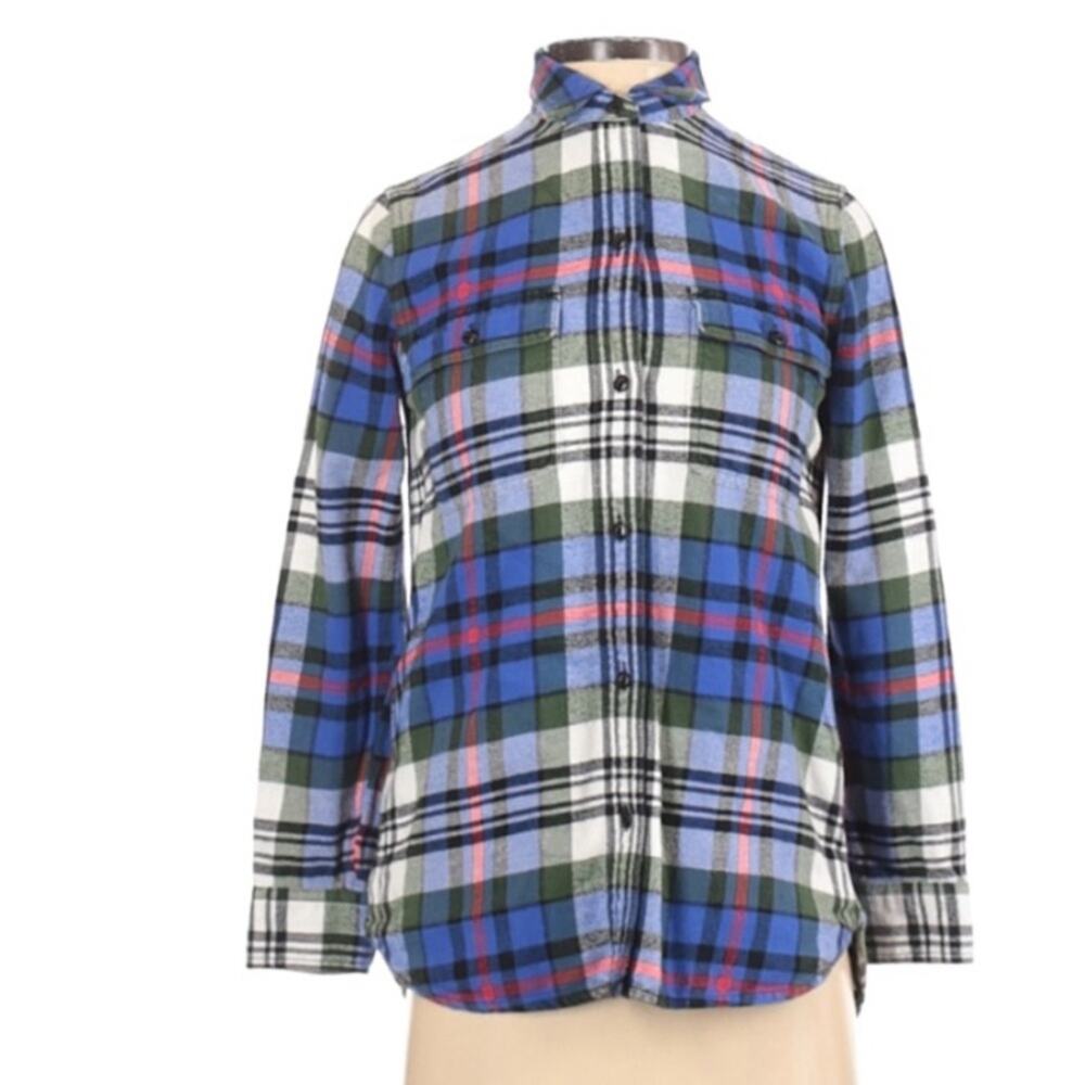 Madewell Blue White Plaid Flannel Button Down Shirt Womens XXS Fall Warm Green